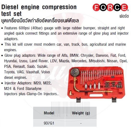 FORCE ชุดเครื่องมือวัดกำลังอัดเครื่องยนต์ดีเซล  Diesel engine compression test set Model 937G1