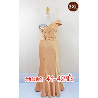 E1723-5-3XL-ชุดราตรียาวคนอ้วน สีทอง ผ้าไหมซาตินเกรดเอ เกาะอกปักเลื่อม บ่าเดี่ยวเฉียงจับจีบ กระโปรงทรงหางปลา