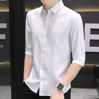 MANSTR เสื้อเชิ้ตผู้ชาย คุณภาพ ลำลอง 3 4 แขน ผ้าไหมน้ำแข็ง เสื้อเชิ้ตเกาหลี สีทึบ เข้ารูป ชุดทำงานอย่างเป็นทางการ สีเขียว\ น้ำเงิน \ ดำ \ ขาว