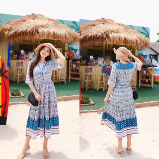 MASS Fashion : เดรสยาว สไตล์โบฮีเมียน Dress - Boho V-Neck Lace Beach