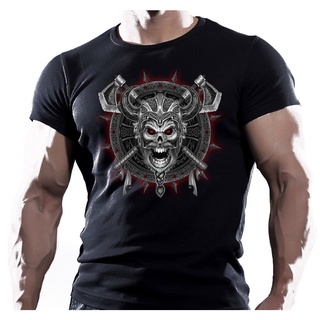 เสื้อยืดคอกลม พิมพ์ลาย VIKING SKULL SHIELD MMA FIGHTING WORKOUT MOTIVATION แฟชั่นสําหรับผู้ชายSize S-5XL