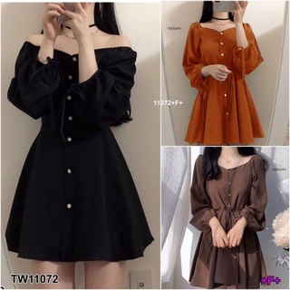 B11072 เดรสกระดุมหน้าแต่งผูกเชือกโบว์ Button front dress with bow tie