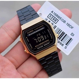 นาฬิกา Casio รุ่น A168WEGB-1B  นาฬิกาดิจิตอล สีดำ/ทอง ของแท้ 100% รับประกันสินค้า 1 ปีเต็ม