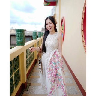 เดรสยาวแขนกุด ผ้าลูกไม้เนื้อนิ่ม
