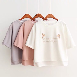 พร้อมส่ง🌟เสื้อยืดคอกลมหูแมว แต่งแขนพับ (P006)