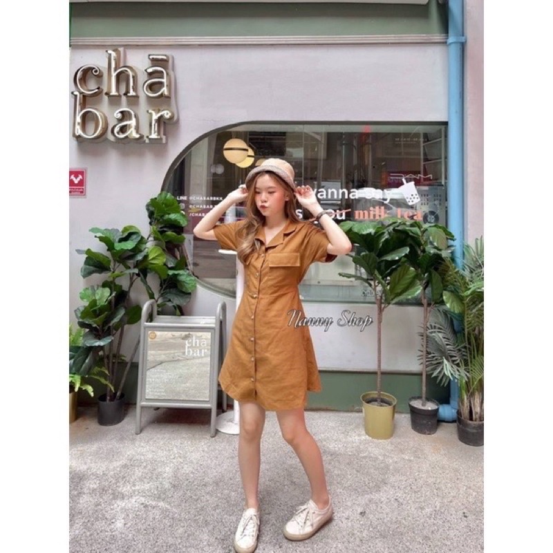เดรสคอปกฮาวายสไตล์มินิมอล เดรสคาเฟ่ ♡Cafe' dress minimal style♡