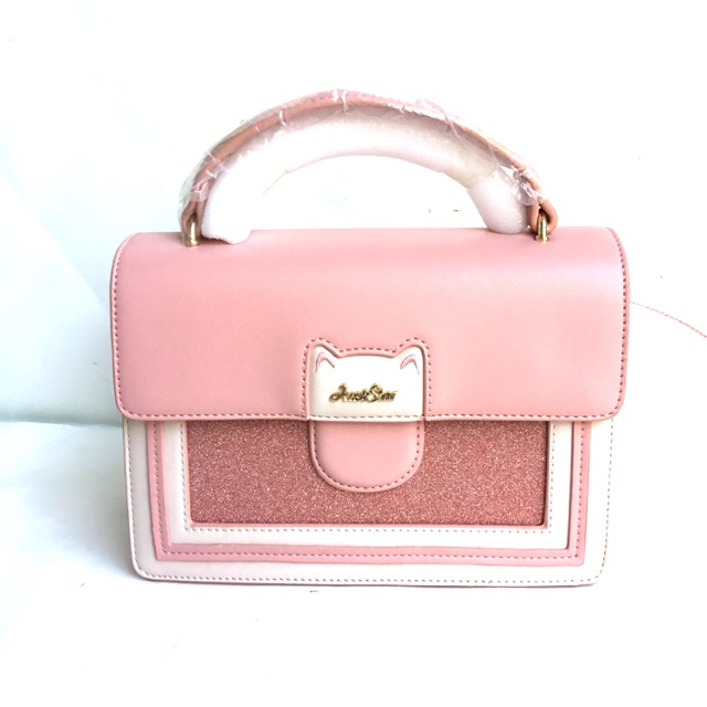 มีตำหนิ#137 Juststar กระเป๋าสีชมพู สะพายข้างขนาด9นิ้ว จัสสตาร์งานแท้