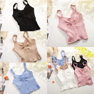 สินค้าพร้อมส่ง เสื้อสายเดี่ยวไหมพรม แต่งกระดุมจับ แต่งจีบหน้าอก XMM37