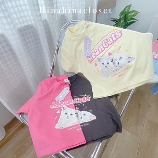 พร้อมส่ง🐈🧶 เสื้อยืด เสื้อครอป สไตล์เกาหลี สกรีน Mean Cats💕 สีละมุนมาก☁️ รหัส 834