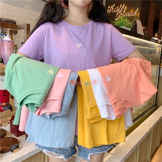 พร้อมส่ง เสื้อยืดคอกลม แขนสั้น ปักลายหัวใจน่ารัก ทรงหลวม สําหรับผู้หญิง