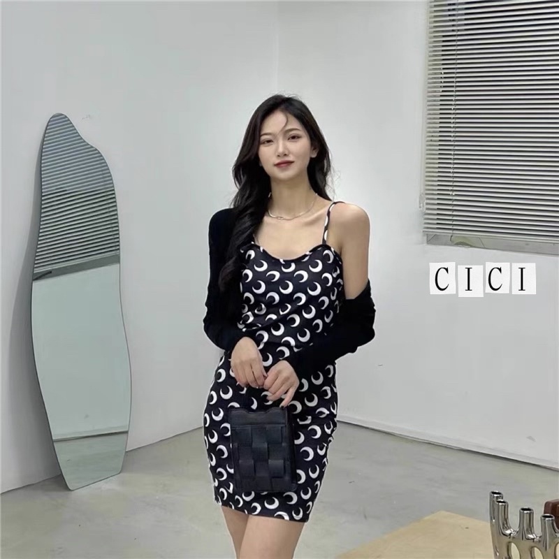 SALE 8.8 (2908/1175)SET เสื้อคลุม+เดสสายเดี่ยว ลายดาวจันทร์ครึ่งเสี่ยว ทรงพริ้วงานสวย เนื้อผ้านิ่ม สวมใส่สบาย