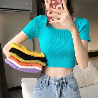 Korean🧧 เสื้อครอปไหมพรมคอกว้างแขนสั้น 8 สี