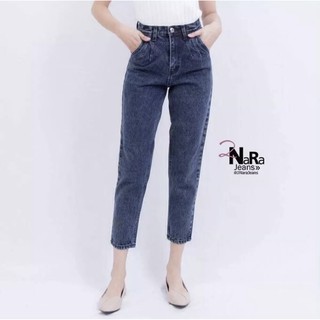 2NaraJeans ยีนส์ทรงบอยเฟรน เอวสูง วินเทจ ขอบเอวจีบ ผ้ายีนส์ไม่ยืด สีดำฟอก