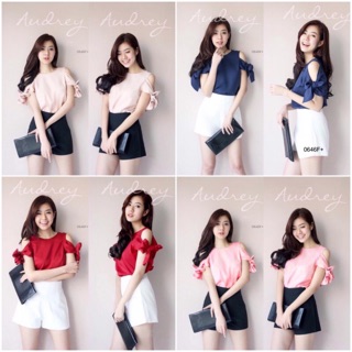 Set 2ชิ้น เสื้อผูกโบว์ไหล่+กางเกง  NI0646