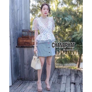 Sale Sz.XL งานป้าย Chanaphat เซ็ตเสื้อกลิตเตอร์+กระโปรงลายสก็อตสวยหรู Srs