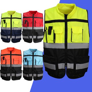 Hi Vis เสื้อกั๊ก พร้อมตัวสะท้อนแสง เพื่อความปลอดภัย สีดํา สีแดง สีส้ม สีเหลือง