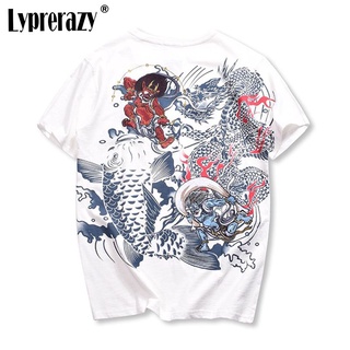 Lyprerazy เสื้อยืด ปักลายมังกรปลาคาร์พ สไตล์ญี่ปุ่น ฮาราจูกุ วินเทจ สําหรับผู้ชาย