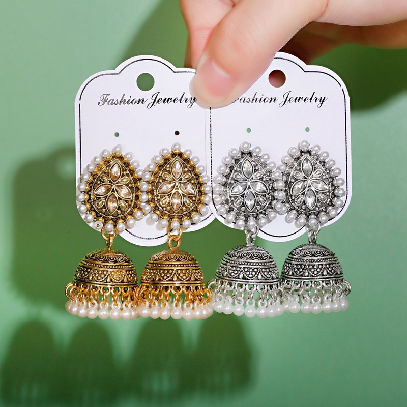 Vintage Silver สีคริสตัลดอกไม้โลหะผสม Bollywood Oxidized ต่างหูสําหรับผู้หญิงชาติพันธุ์เพิร์ลพู่ Dangle ต่างหู - รูปที่ 2