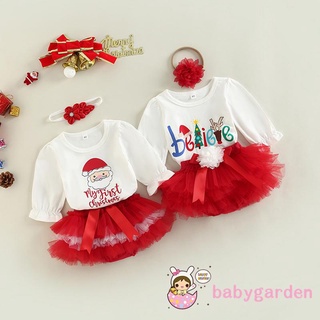 Babygarden- ชุดเสื้อแขนยาว กางเกงขาสั้น ผ้าตาข่าย พิมพ์ลายตัวอักษร ซานตาคลอส พร้อมที่คาดผม สําหรับเด็กทารกผู้หญิง 0-18 เดือน