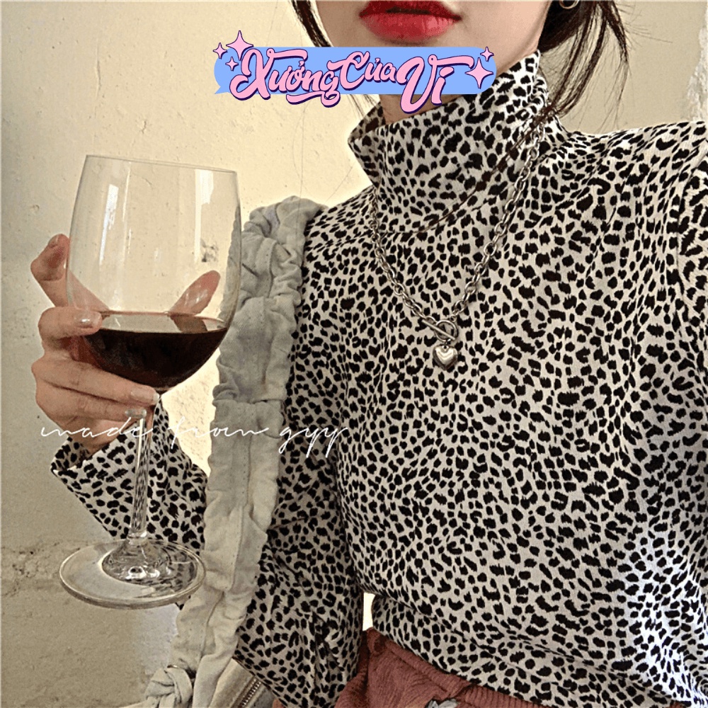 เสื้อคอเต่าผ้าฝ้ายแขนยาวผู้หญิงพิมพ์ลายเสือดาวหรูหรา ATD001 Vis Factory