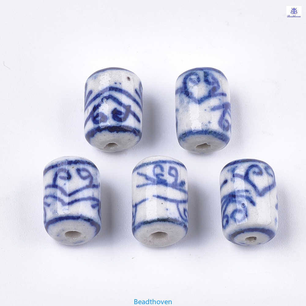 ลูกปัดพอร์ซเลน แฮนด์เมด สีฟ้า และสีขาว 13.5x9.5 มม. รู 1.5 มม. 2~20 ชิ้น