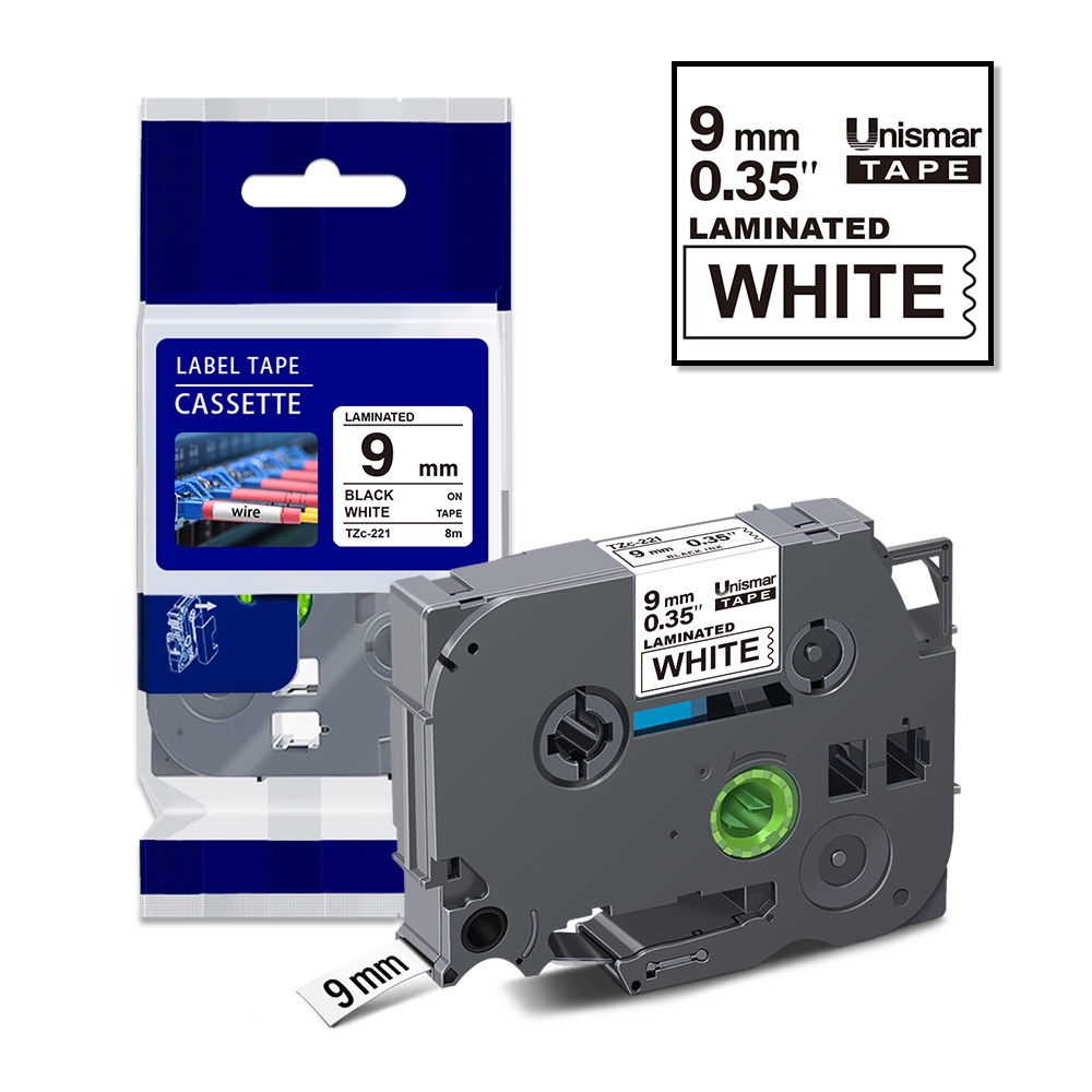 เทปฉลาก สีดําบนพื้นขาว 9 มม. สําหรับเครื่องทําฉลาก Brother tze Tape TZE221 tze-221 tze 221 PTD600 PT