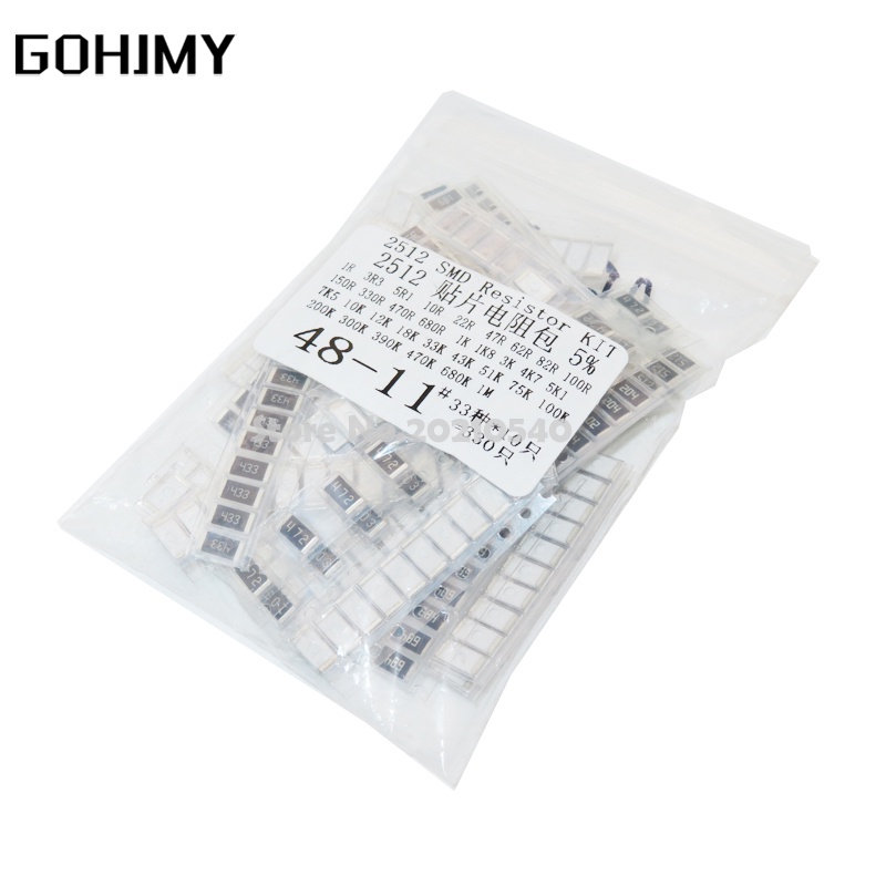 330PCS 1 โอห์ม 1M ohm ตัวต้านทานอิเล็กทรอนิกส์ 5% 2512 ตัวต้านทาน SMD ASSORTED ชุดชุด 10R 47R 100R 1