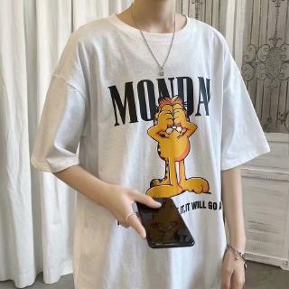 เสื้อยืดผ้าฝ้ายพิมพ์ลายขายดี เกาหลี M-3XL แฟชั่นไทด์ T หลวมผู้ชายขนาดใหญ่ Garfield พิมพ์ชายและหญิงคู่แขนสั้นเสื้อยืดท็อป