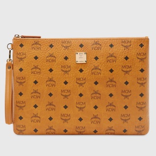 MCM VISETOS ORIGINAL TOP ZIP LARGE POUCH - COGNAC