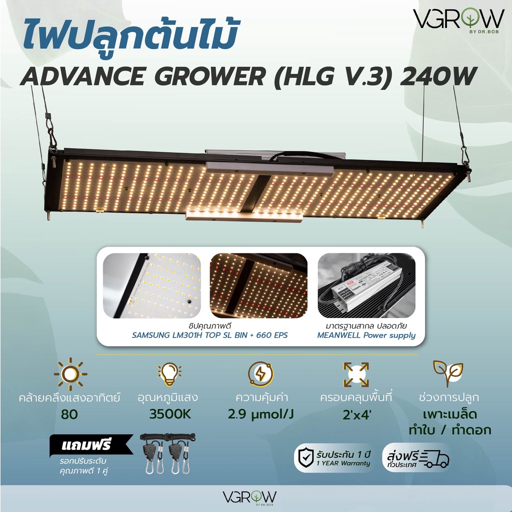🔥ของแท้ แนะนำ ดีจริง🔥ไฟปลูกต้นไม้ HLG v.3 240W ADVANCE GROWER ชิป Samsung lm301H + 660nm 3500K Grow light ไฟปลูก