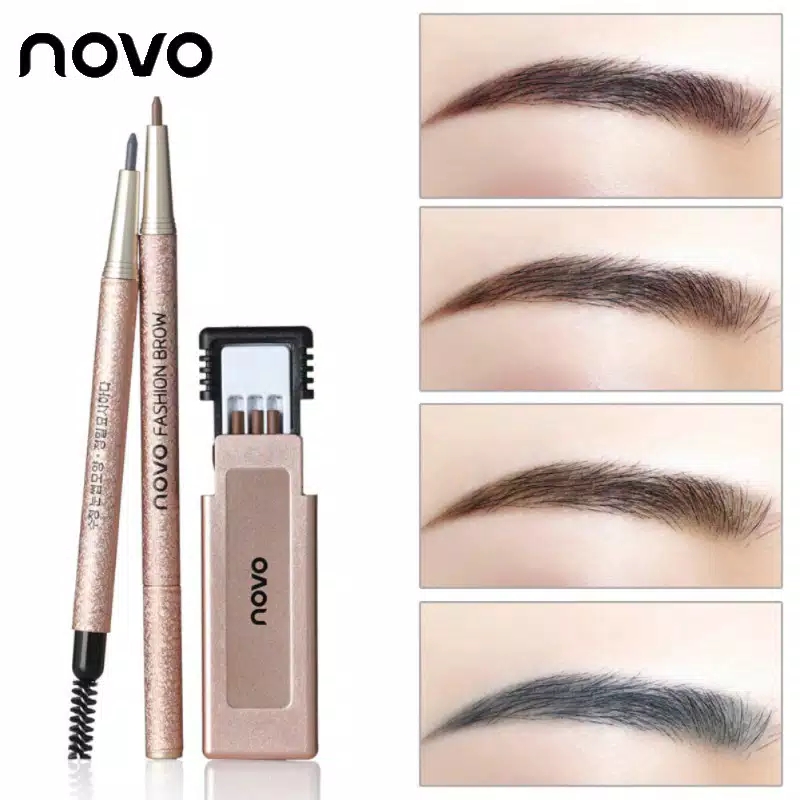 stock No.5146 NOVO FASHION BROW Eyebrow โนโว ดินสอเขียนคิ้ว แบบหมุน แถมไส้ดินสอ + บล๊อกคิ้ว 3 ชิ้น พร้อมไส้ดินสอเปลี่ยน3แท่ง
