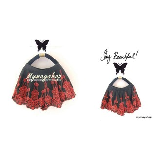 กางเกงกระโปรงผ้าคอตตอน vintage style สวยหรูด้วยลายฉลุสีแดง **สีดำ