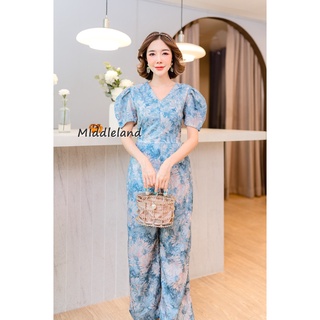 MIddleland-JL58 ชุดจั๊มสูทขายาว ซิปหน้า แขนสั้น ผ้าคอตตอนพิมพ์ลายดิจิตอล แฟชั่นใส่เที่ยว ออกงาน ทำงาน สวย หรู ดูแพง