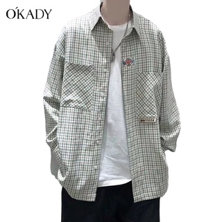 OKADY เสื้อเชิ้ตลายสก๊อตผู้ชายฤดูร้อนลำลอง หลวม หล่อ และเอนกประสงค์