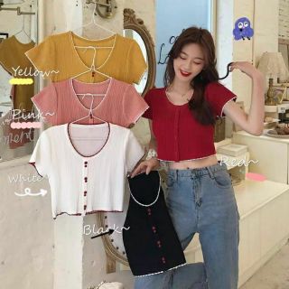 💓พร้อมส่ง💓 เสื้อครอปไหมพรม คอวี แขนสั้น crop top