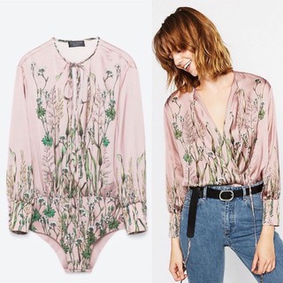 ZARA Pink Floral Satin Bodysuit Blouse(ของแท้💯%)มือ2