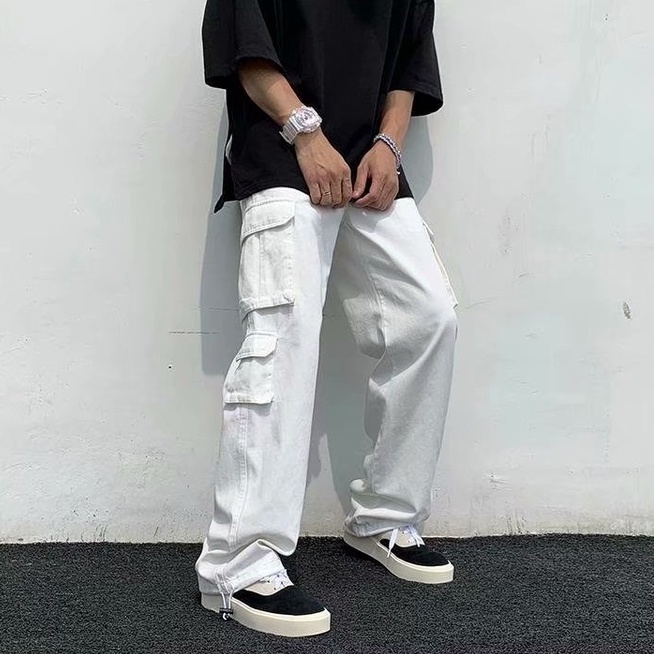 S-3xl สีดํา/สีขาวขากว้างกางเกง Cargo สําหรับผู้ชายสีทึบ Overalls หลวมตรงกีฬากระเป๋ากางเกงแฟชั่นเกาหลีแนวโน้ม Drawstring Soild สีกางเกง