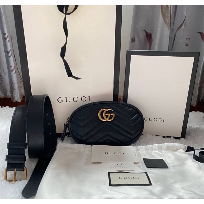 🦋Used gucci marmont belt bag ซื้อปี2020 (Size 75/30) “ขนาด25.5-35 นิ้ว”อะไหล่ทองรมดำ สภาพสวย ภายในสะอาด ขอบมุมสวย