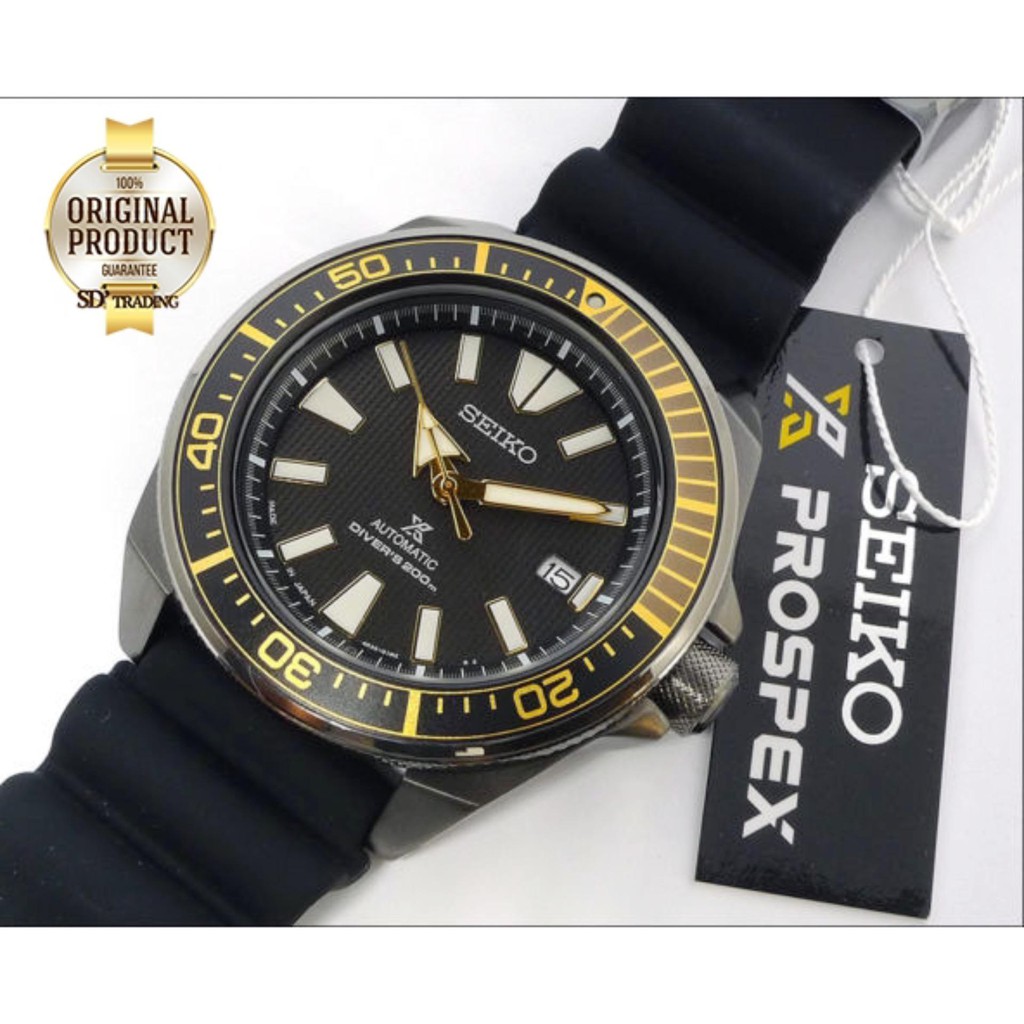 SEIKO PROSPEX SAMURAI DIVER 200m นาฬิกาข้อมือผู้ชายรมดำ สายยางเรซิ่นรุ่น SRPB55K1 (สีดำ/ขอบดำทอง)