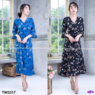 MF3317🍓 Maxi Dress แม๊กซี่เดรสตัวยาว แขนระบาย คอวีไขว้ สุดเก๋ เนื้อผ้าพิมพ์ลวดลายดอกทั้งตัว เนื้อผ้าโรนัลโด้นิ่มใส่สบาย