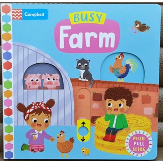 Busy Farm (push pull slide board book) เหมาะสำหรับ 1+ กระดาษแข็งหนาทุกหน้า