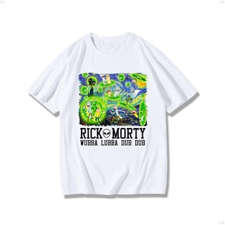 เสื้อยืดสีขาวเสื้อยืดแขนสั้น ผ้าฝ้ายแท้ ทรงหลวม ลาย Rick and Morty nasa Co-Branded Ukiyoe สไตล์เกาหลี ญี่ปุ่น สําหรับคู่