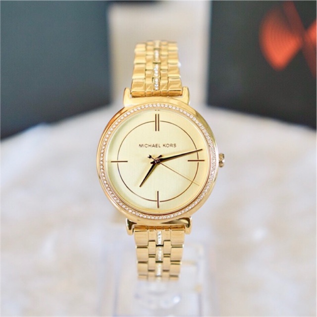(ผ่อน0%) นาฬิกา MICHAEL KORS Cinthia Gold Dial Ladies Crystal Watch สีทอง ประดับคริสตัล MK3681