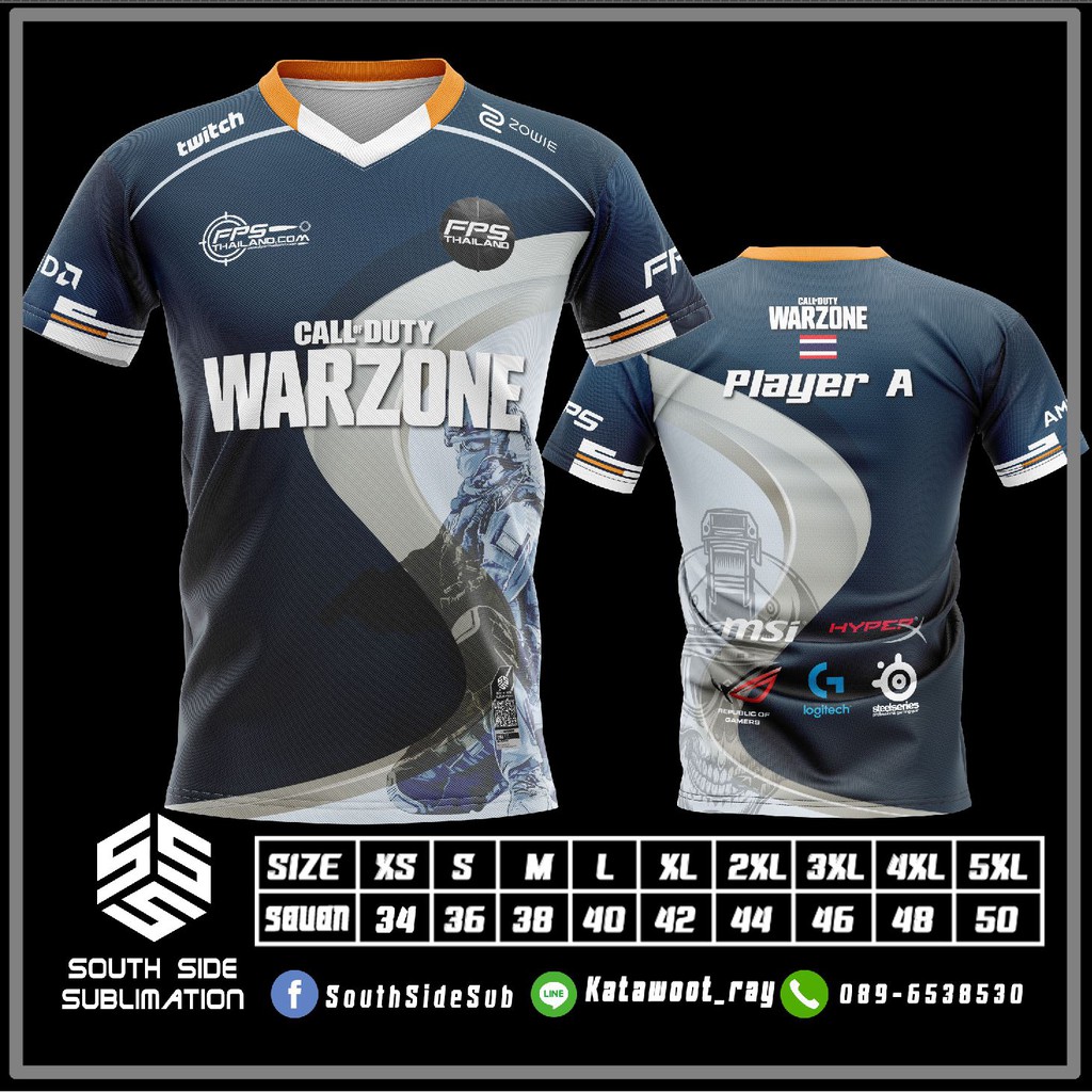 WarZone - Call of Duty เสื้อ E-Sport พิมพ์ลายเกรดพรีเมียม เนื้อผ้า 100% โพลีเอสเตอร์ Quick Dry ทอพิเ