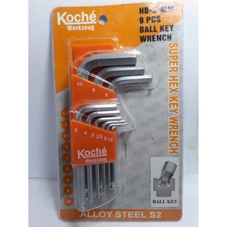 ชุดประแจหกเหลี่ยม หัวบอล แบบสั้น ประกอลด้วย 10,8,6,5,4,3,2.5,2,1.5มิล ยี่ห้อ koche made in germany