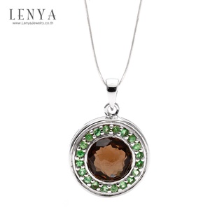 Lenya Jewelry จี้ LenYa ประดับพลอยสโมคกี้ควอทซ์ (Smoky Quartz) เม็ดโต ล้อมด้วยพลอยซาโวไรท์ (Tsavorite)