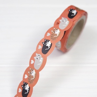 Masking Tape เทปตกแต่งจากญี่ปุ่น Furukawashiko Dicut รูปแมว ฉลุหัวใจ สีแดง ขนาด 1.5 ซม. x 5 ม.