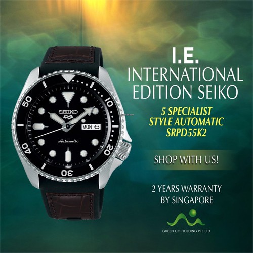 SEIKO SPORTS 5 Automatic นาฬิกาข้อมือผู้ชาย หน้าปัดดำ สายยางผสมผสานกับสายหนังน้ำตาลเข้ม รุ่น SRPD55K2,SRPD55K,SRPD55