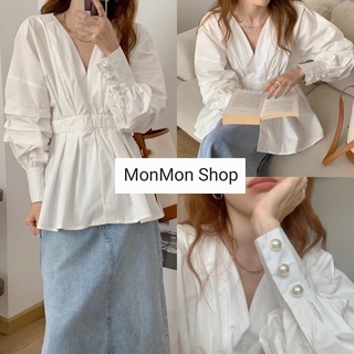 MONMON SHOP 😀 MON5540 Korean Style V-Neck Blouse เสื้อคอวี แต่งสม็อคจั๊มที่อก ช่วงแขนจับจีบพอง รุ่นนี้ทรงน่ารักมากค่ะ