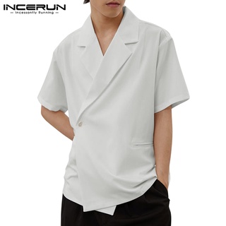 Incerun เสื้อเชิ้ต คอปก แขนสั้น แฟชั่นฤดูร้อน สไตล์เกาหลี สําหรับผู้ชาย